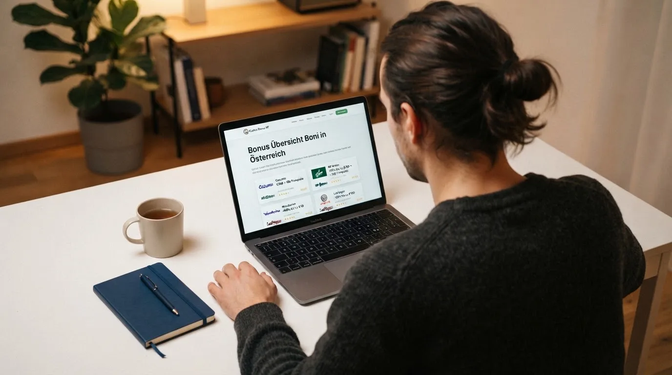 Person am Laptop liest eine Übersichtsseite zu Glücksspielen im Internet — 10 euro bonus ohne einzahlung casino