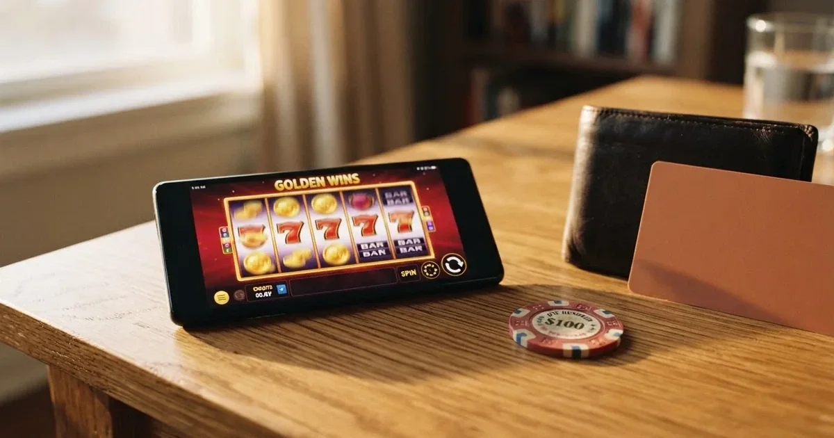 Kartenterminal und Smartphone auf einem Holztisch neben einer Geldbörse — 10 euro bonus ohne einzahlung casino