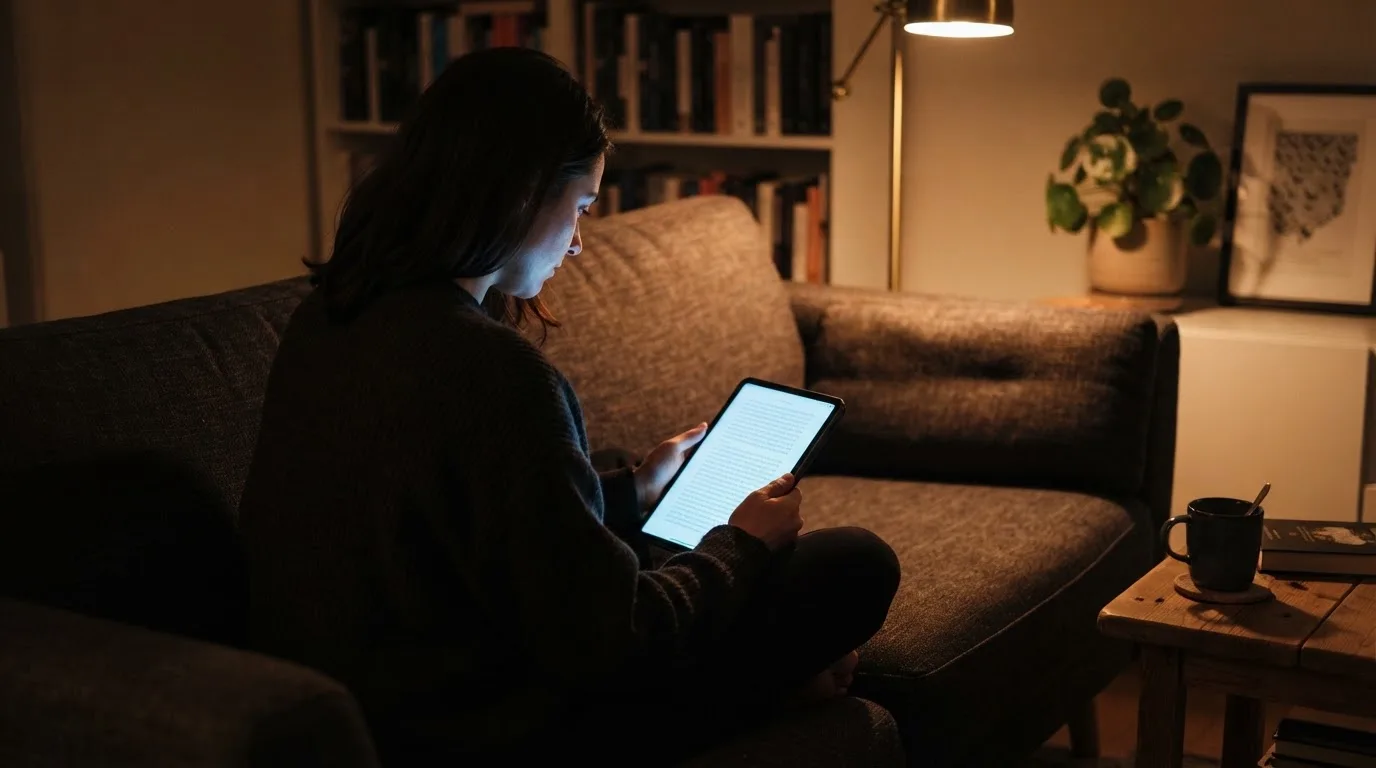Person sitzt entspannt auf einem Sofa und blickt konzentriert auf ein Tablet in gedämpftem Wohnzimmerlicht am Abend.