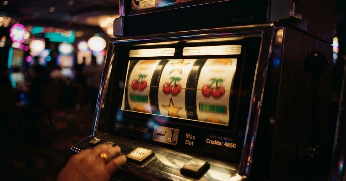 Nahaufnahme bunt beleuchteter Spielautomaten-Walzen mit Frucht- und Stern-Symbolen in einem dunklen Casino-Saal.