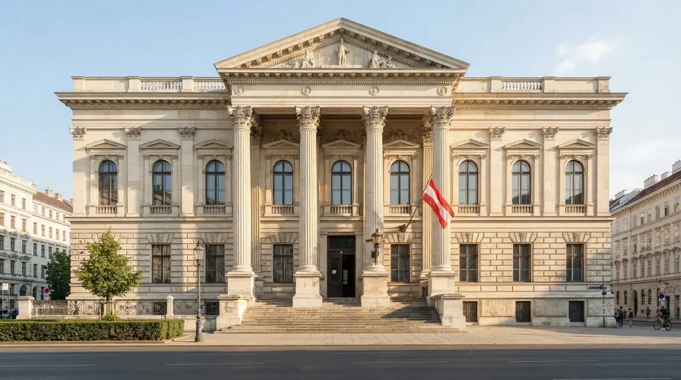 Fassade eines klassizistischen Wiener Amtsgebäudes mit österreichischer Flagge an einem klaren Nachmittag.