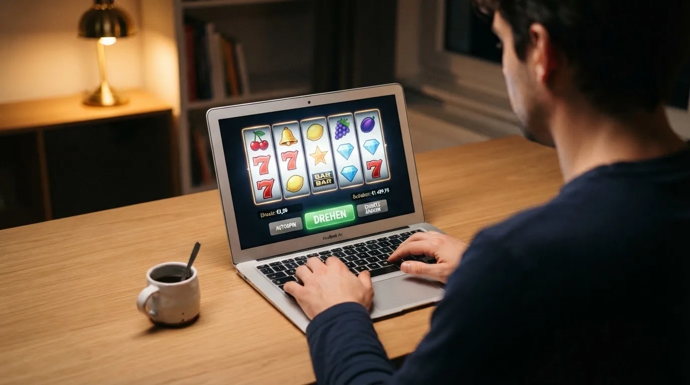 Person am Laptop liest eine Übersichtsseite zu Glücksspielen im Internet — 15 euro bonus ohne einzahlung casino