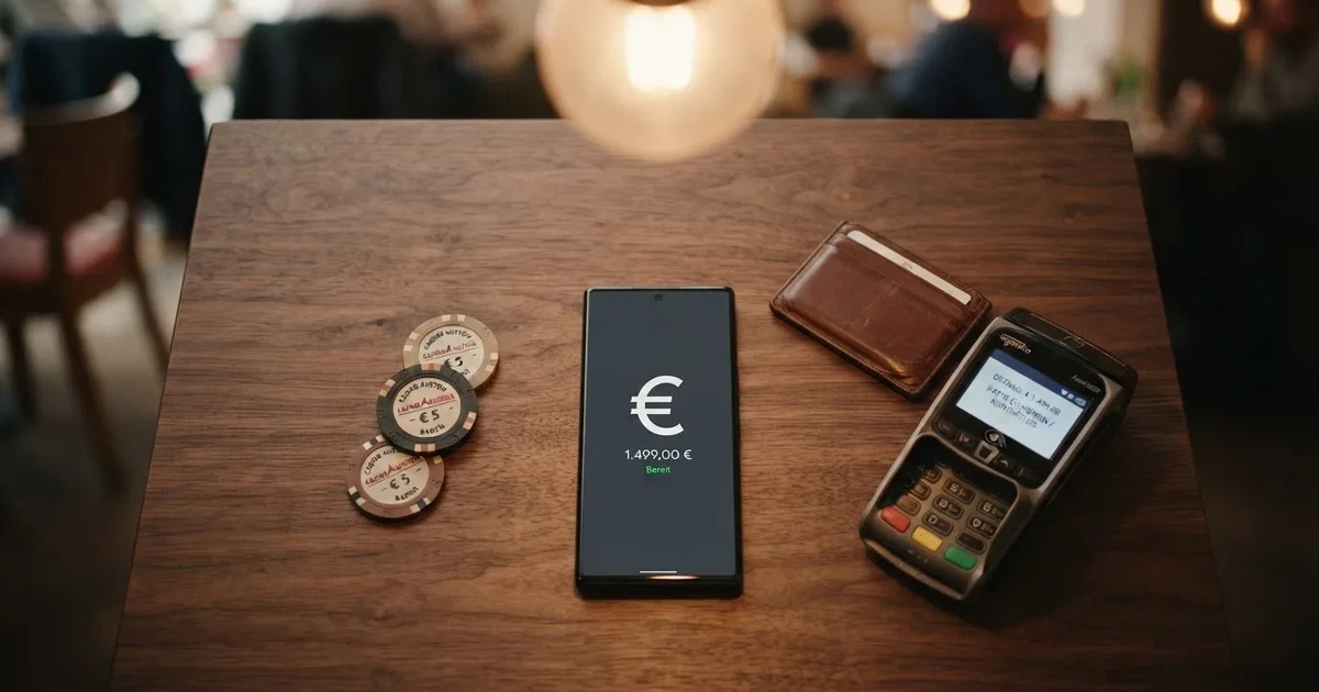 Kartenterminal und Smartphone auf einem Holztisch neben einer Geldbörse — 15 euro bonus ohne einzahlung casino