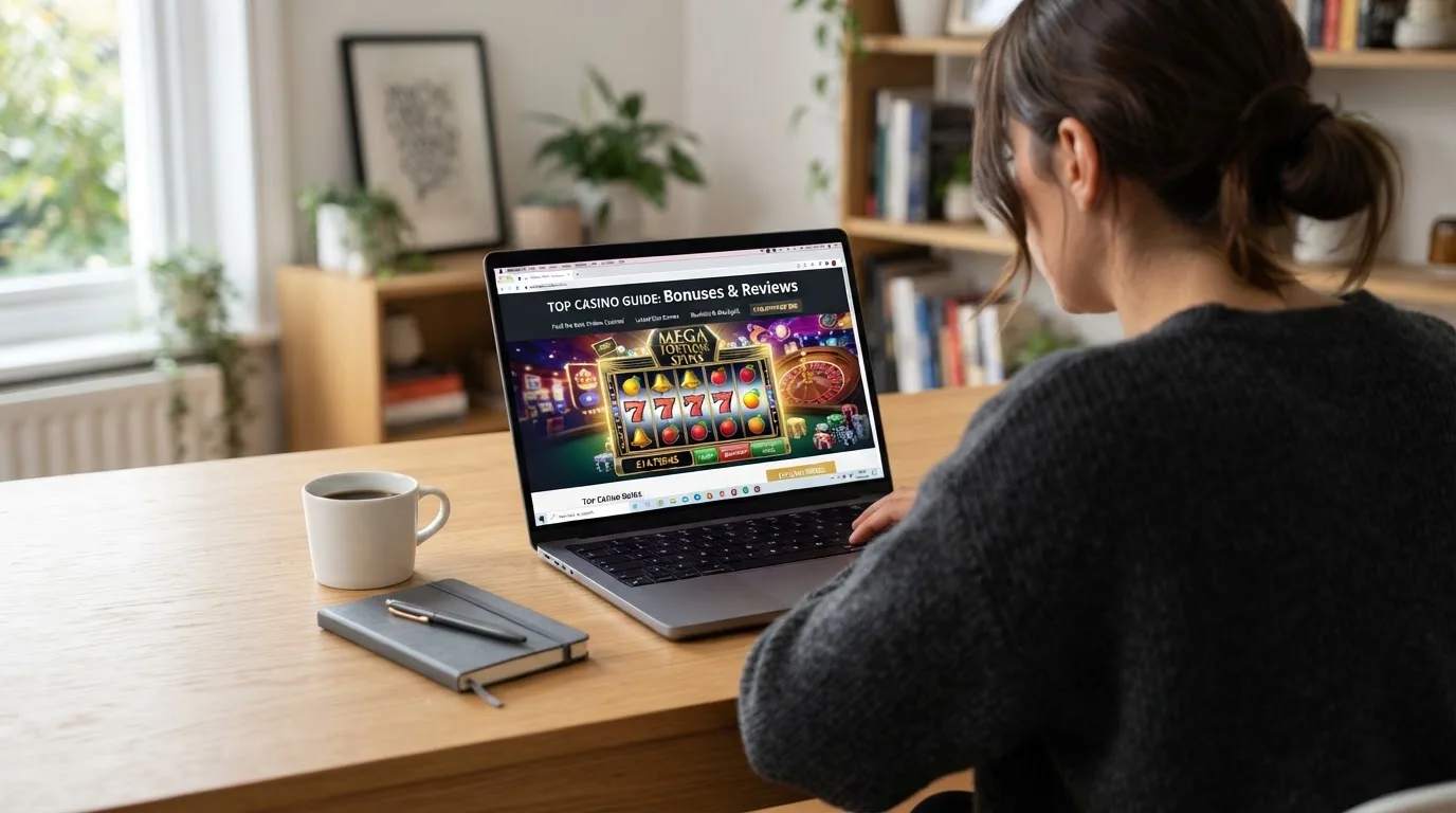 Person am Laptop liest eine Übersichtsseite zu Glücksspielen im Internet — 150 freispiele ohne einzahlung