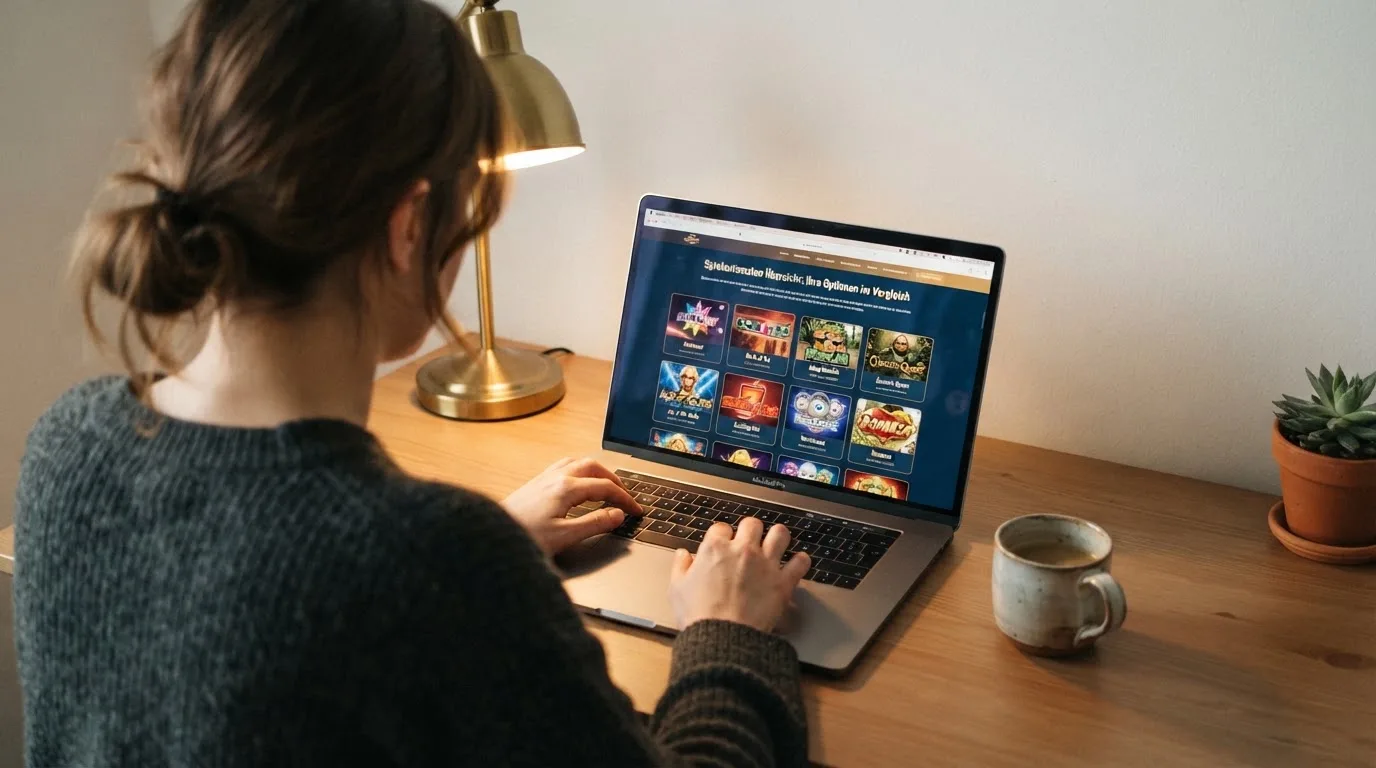 Person am Laptop liest eine Übersichtsseite zu Glücksspielen im Internet — 20 freispiele ohne einzahlung