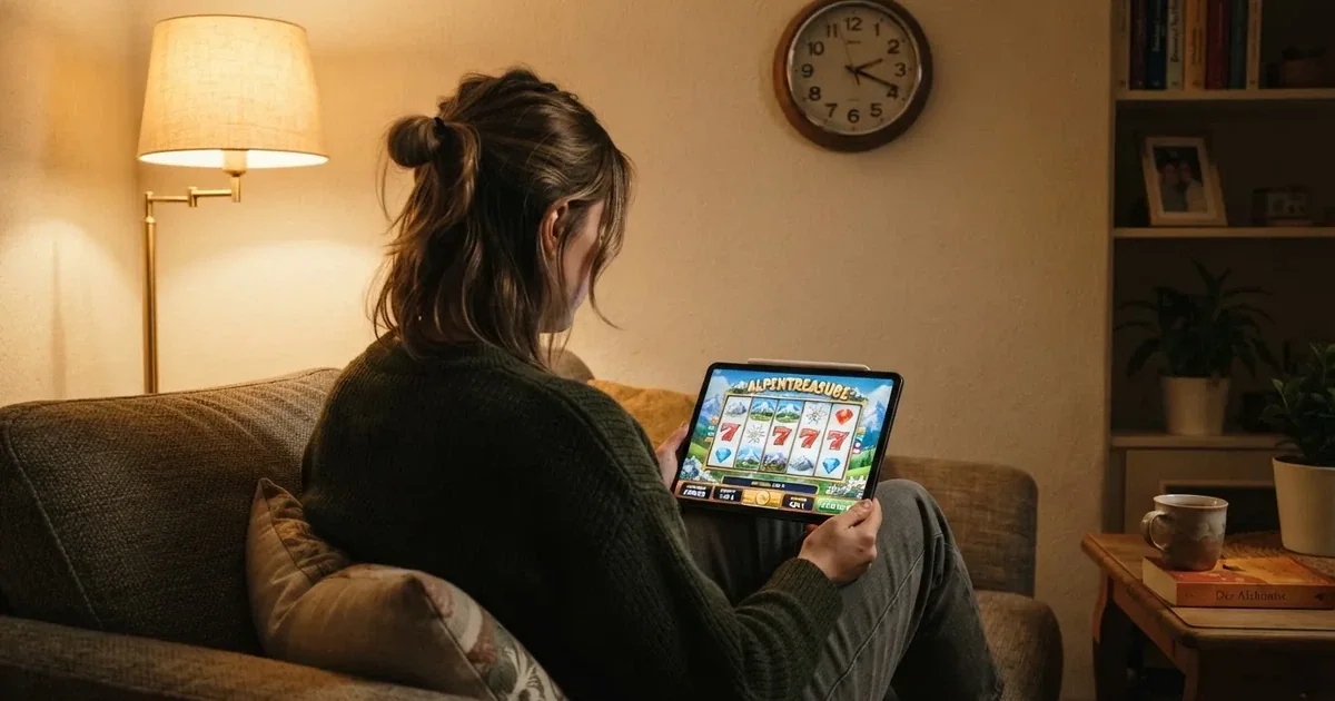 Person am Sofa schaut nachdenklich auf ein Tablet, im Hintergrund eine Uhr — 20 freispiele ohne einzahlung