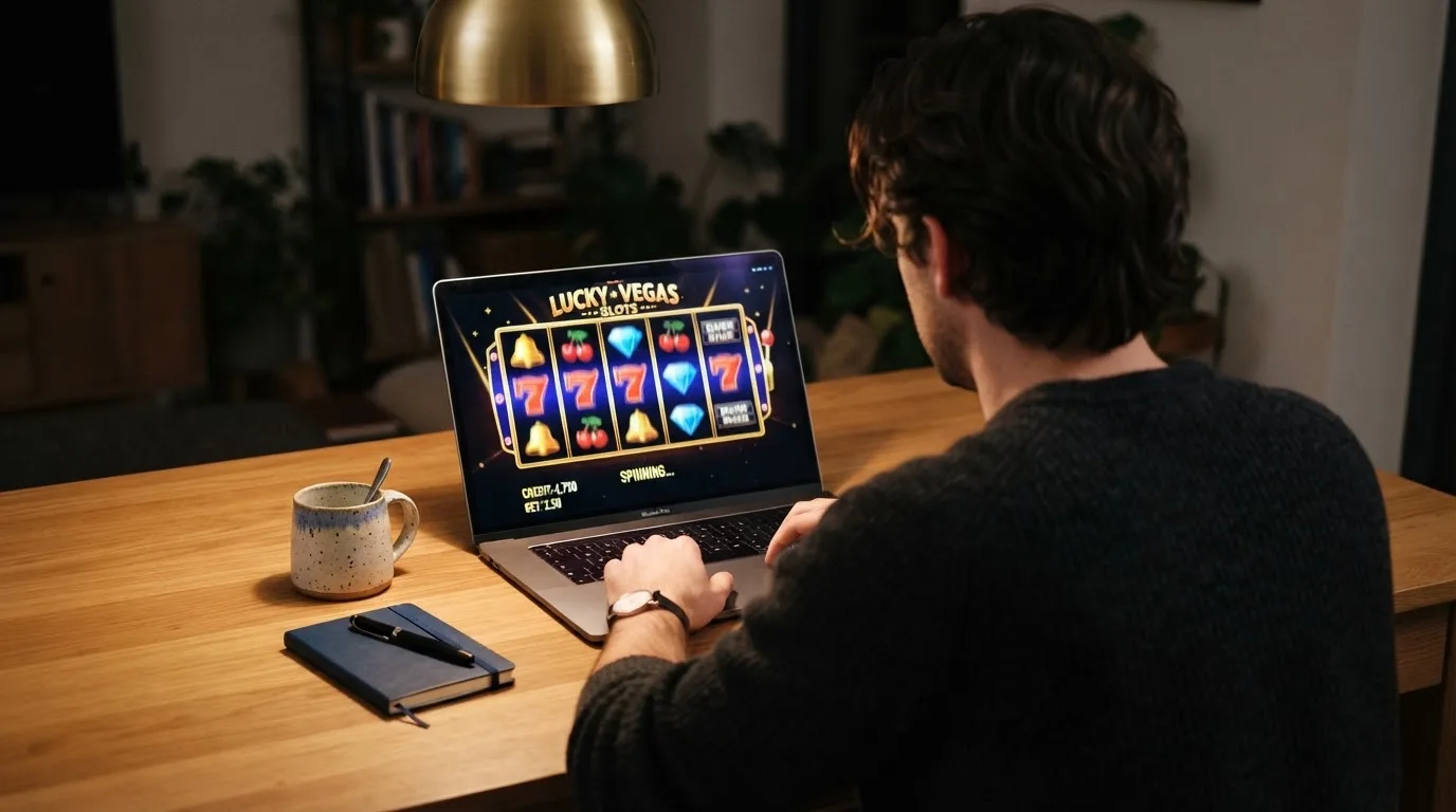 Person am Laptop liest eine Übersichtsseite zu Glücksspielen im Internet — 30 euro bonus ohne einzahlung casino