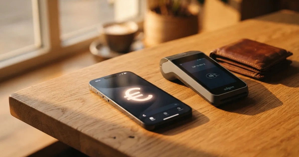 Kartenterminal und Smartphone auf einem Holztisch neben einer Geldbörse — 30 euro bonus ohne einzahlung casino