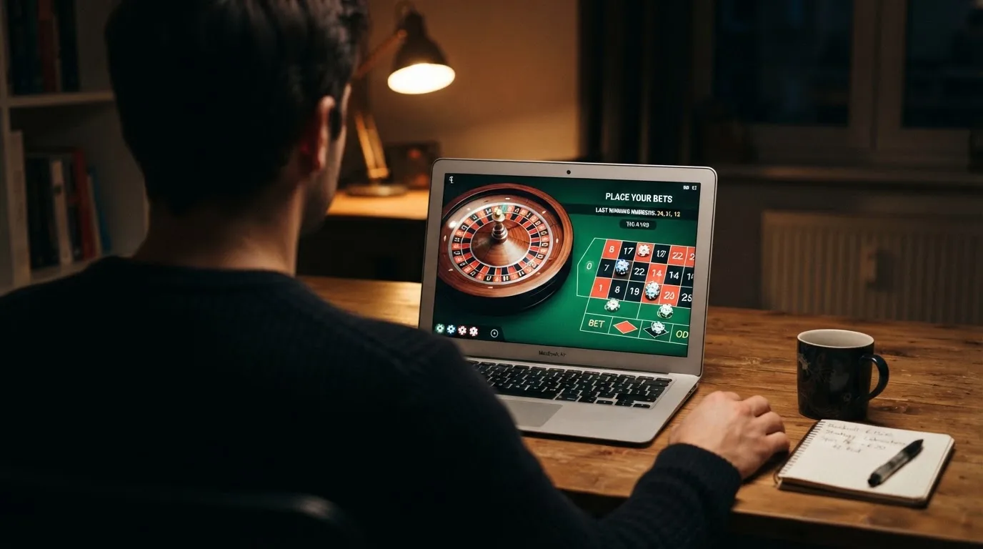 Person am Laptop liest eine Übersichtsseite zu Glücksspielen im Internet — 40 euro bonus ohne einzahlung casino