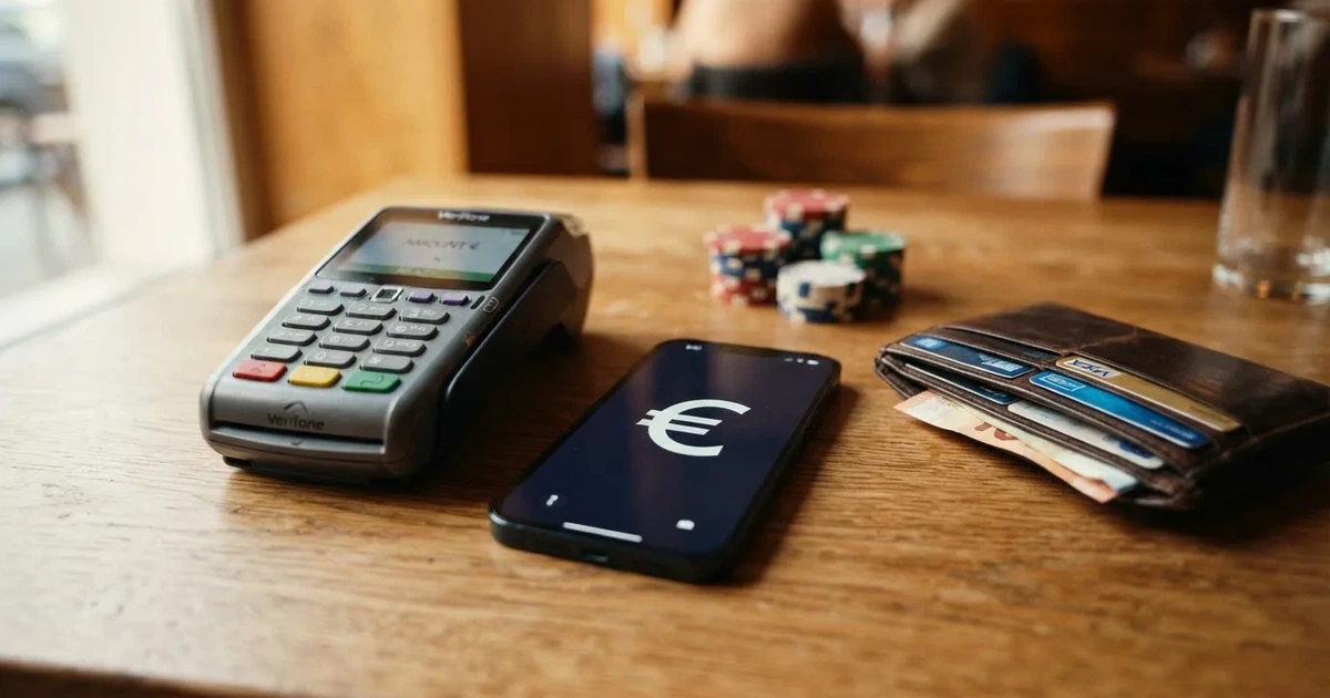 Kartenterminal und Smartphone auf einem Holztisch neben einer Geldbörse — 40 euro bonus ohne einzahlung casino