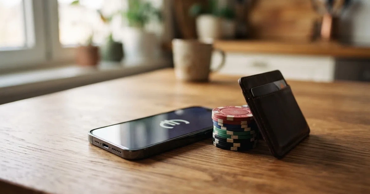 Kartenterminal und Smartphone auf einem Holztisch neben einer Geldbörse — 5 euro bonus ohne einzahlung casino