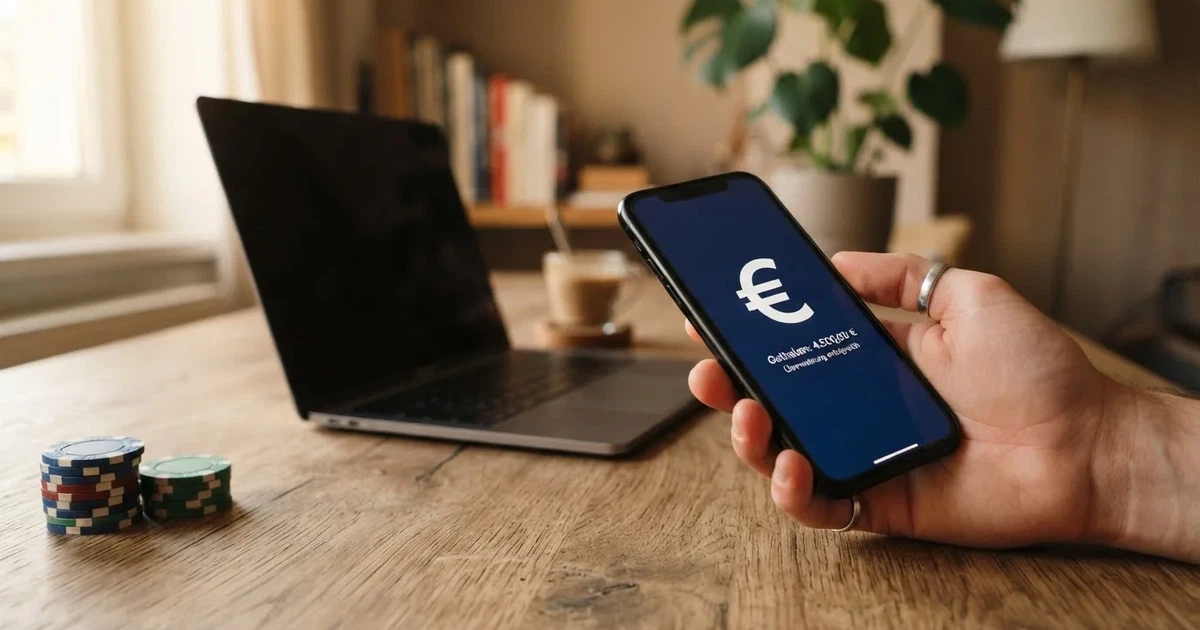 Nahaufnahme einer Hand, die eine Bankkarte in ein Kartenlesegerät neben einem Laptop auf einem Holztisch steckt.