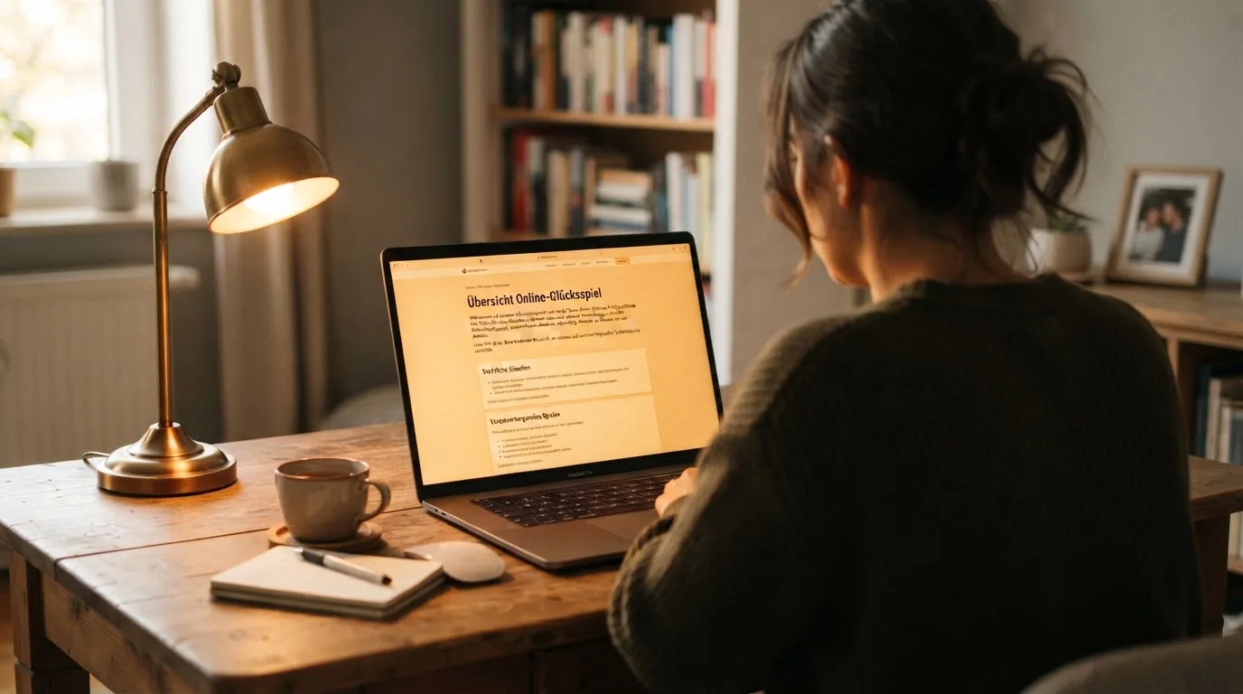 Person am Laptop liest eine Übersichtsseite zu Glücksspielen im Internet — aviator online casino