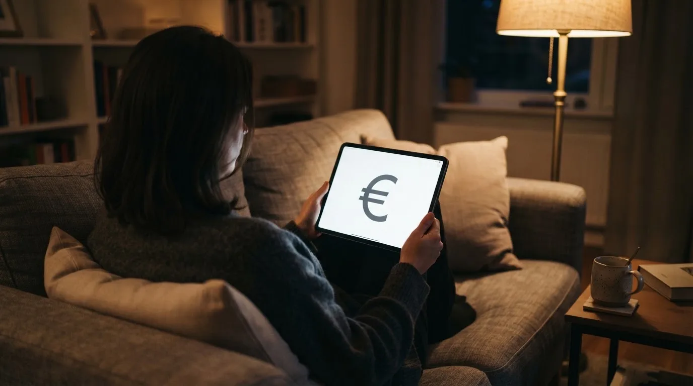 Person sitzt entspannt auf einem Sofa und blickt konzentriert auf ein Tablet in gedämpftem Wohnzimmerlicht am Abend.