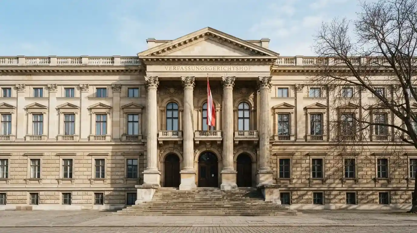 Fassade eines klassizistischen Wiener Amtsgebäudes mit österreichischer Flagge an einem klaren Nachmittag.