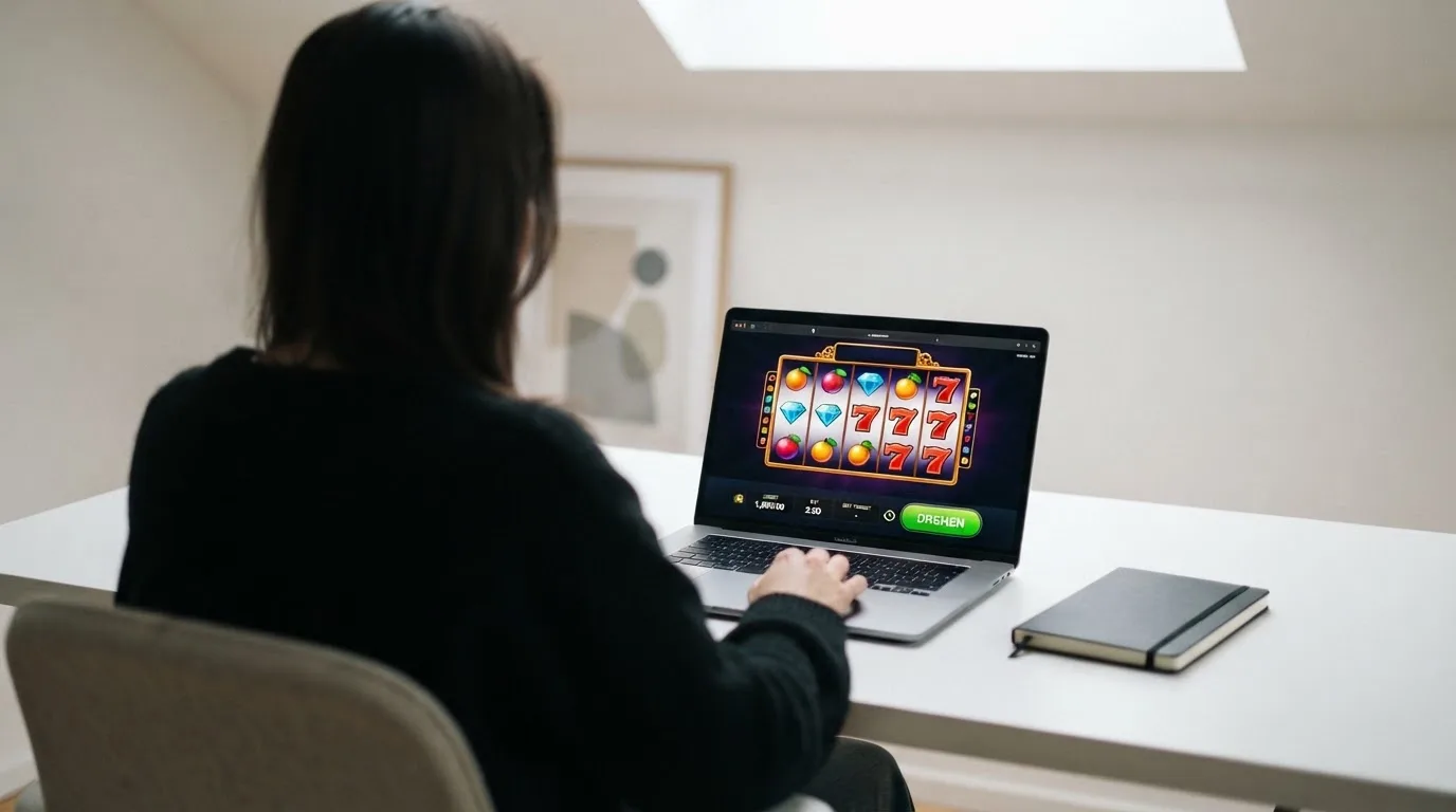 Person am Laptop liest eine Übersichtsseite zu Glücksspielen im Internet — beste casino mit schneller auszahlung