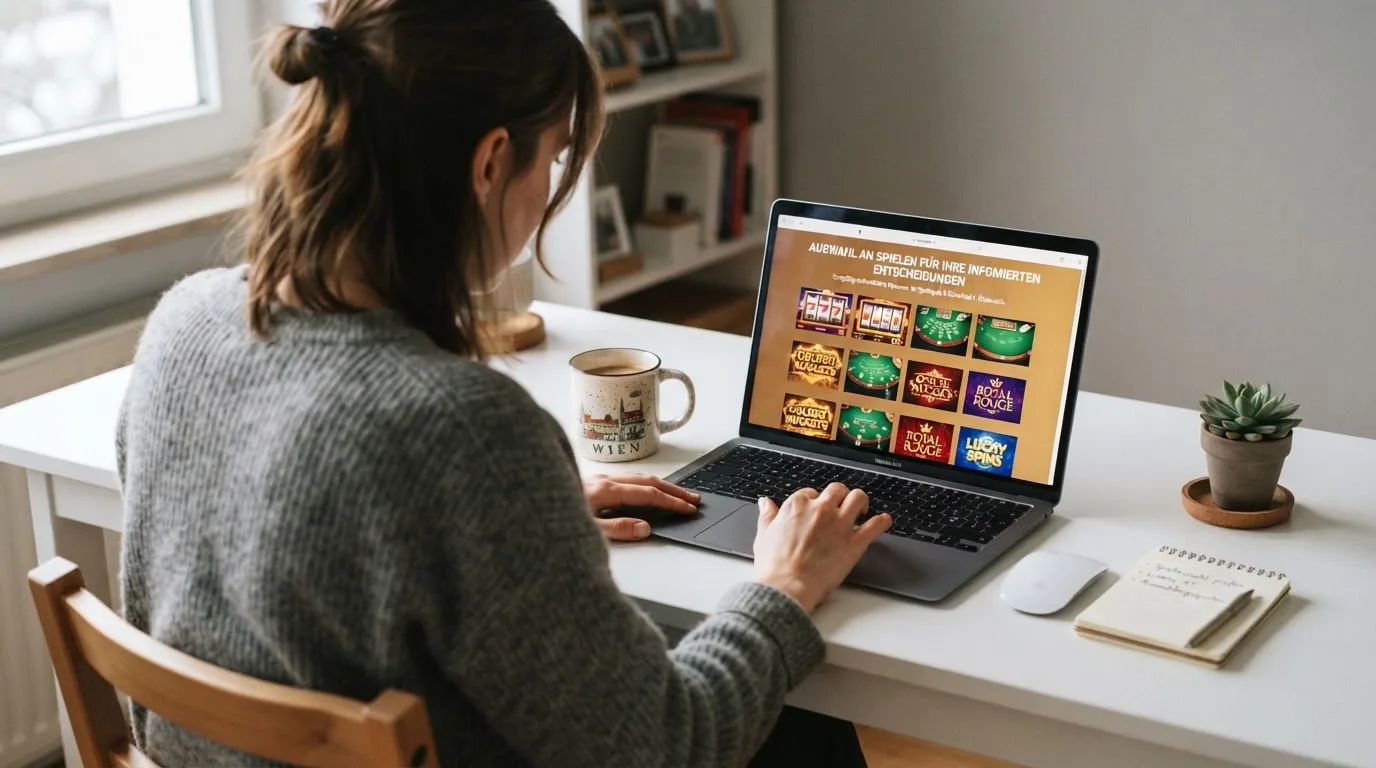 Person am Laptop liest eine Übersichtsseite zu Glücksspielen im Internet — beste casino ohne verifizierung auszahlen