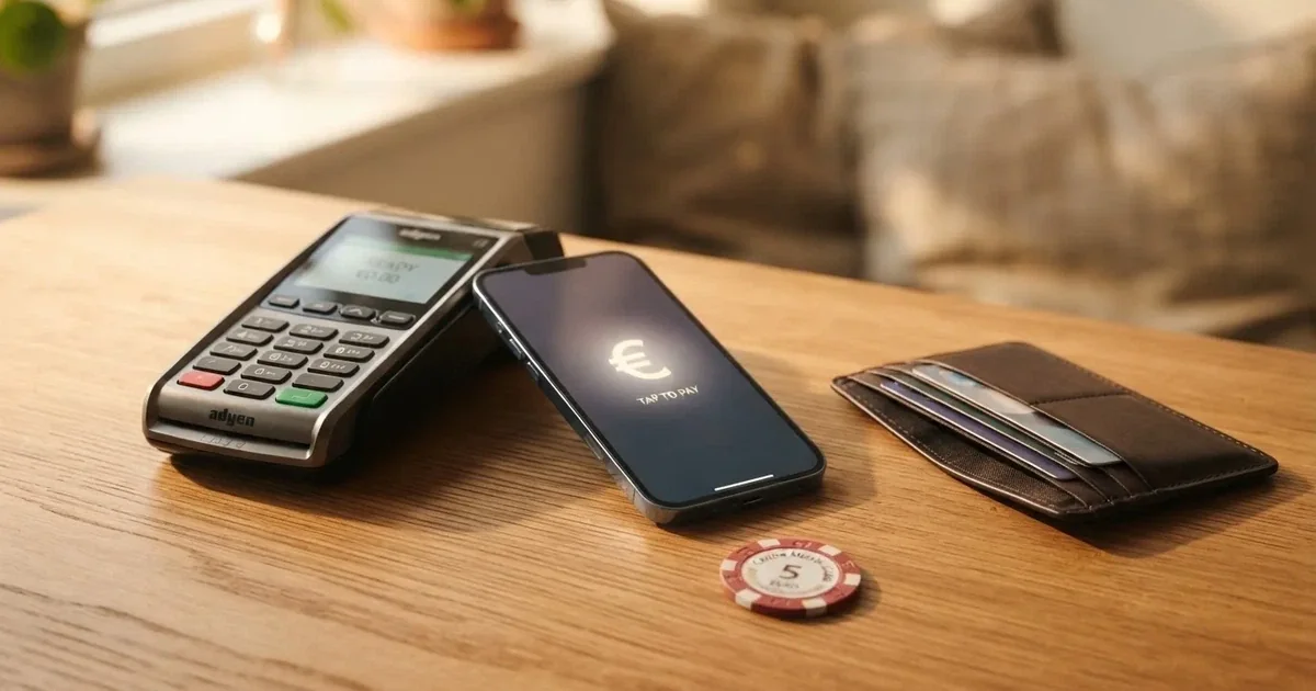 Kartenterminal und Smartphone auf einem Holztisch neben einer Geldbörse — beste casino ohne verifizierung auszahlen