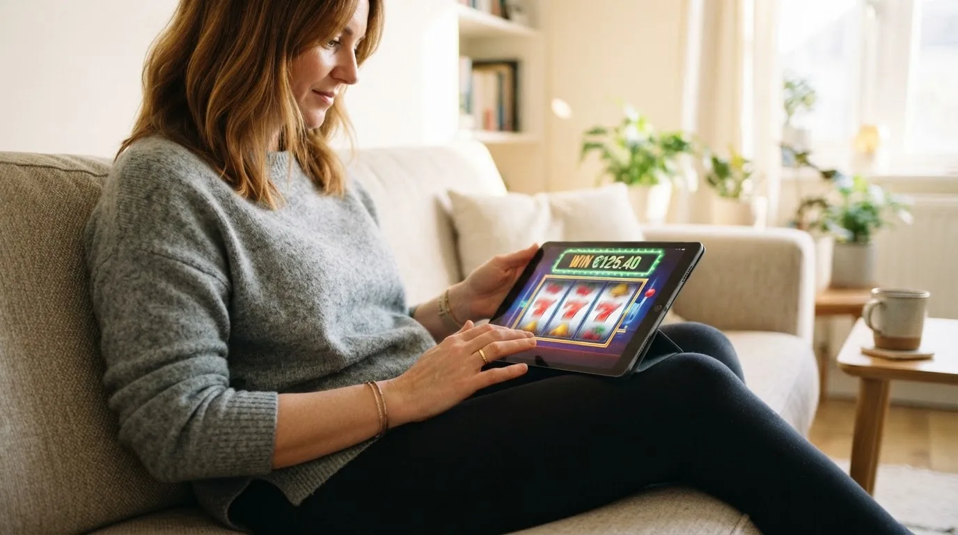 Person sitzt entspannt mit einem Tablet auf dem Schoß in einem hellen Wohnzimmer.