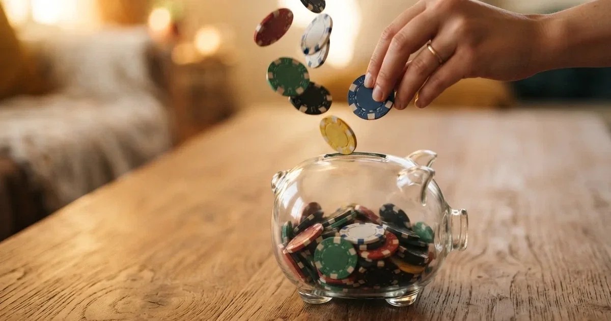 Nahaufnahme einer Hand, die Münzen in ein Sparschwein aus Glas auf einem Holztisch steckt.
