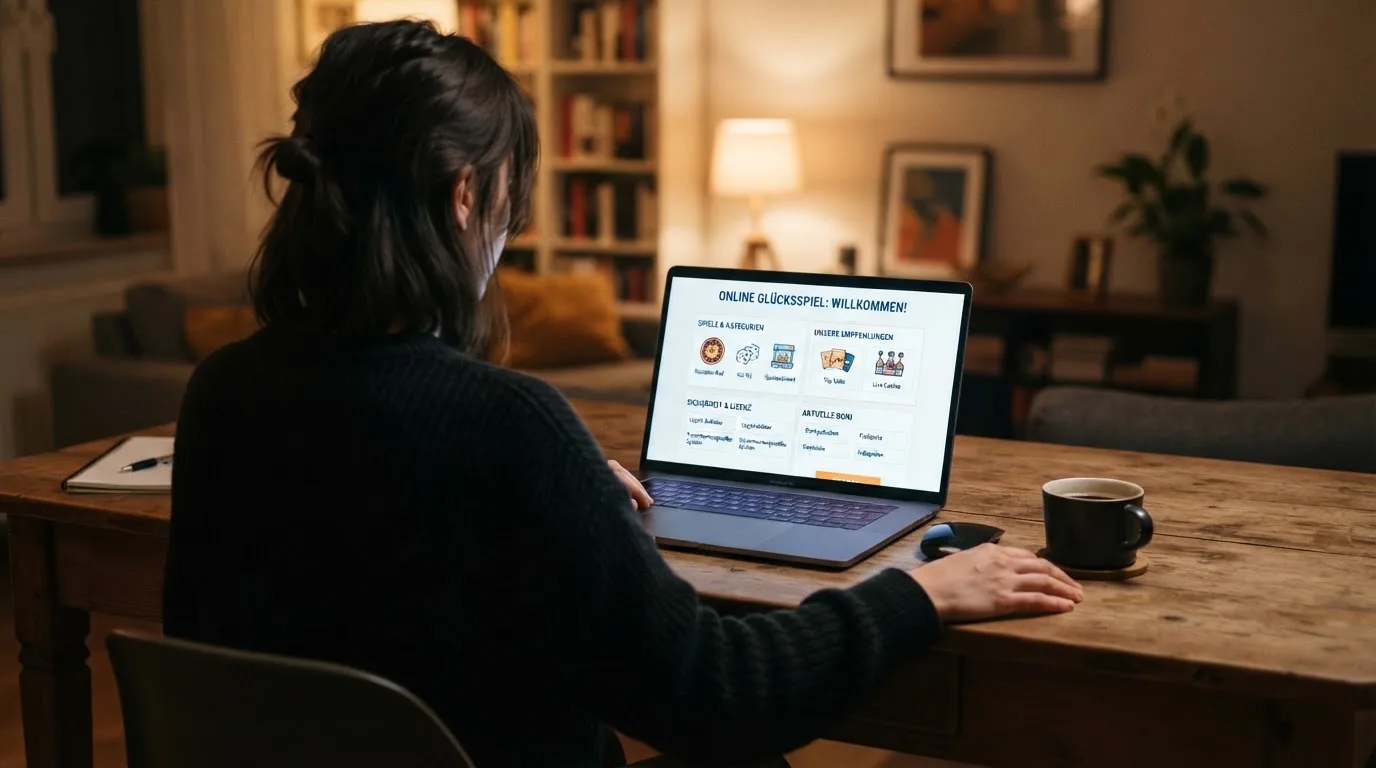 Person am Laptop liest eine Übersichtsseite zu Glücksspielen im Internet — beste craps online casinos österreich