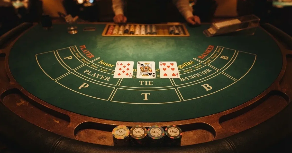 Beleuchteter Spieltisch mit Karten, von oben gesehen — beste live baccarat österreich