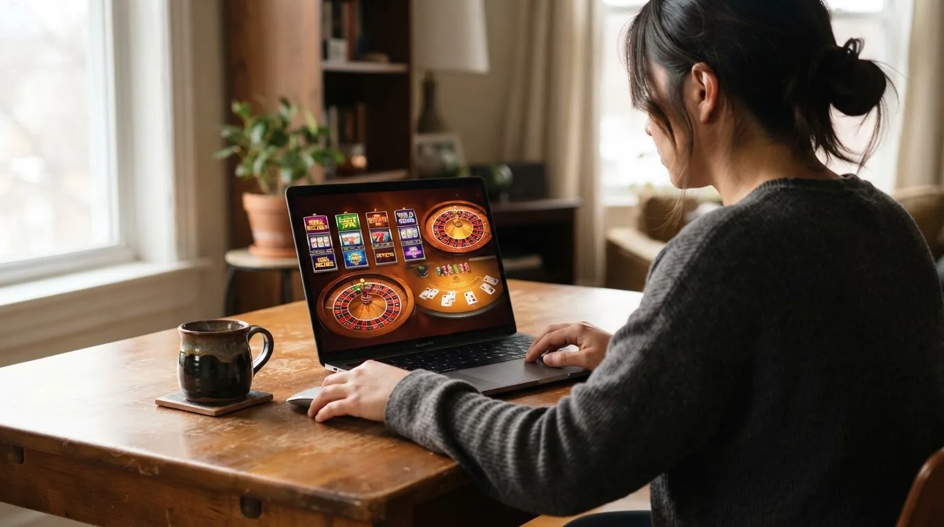 Person am Laptop liest eine Übersichtsseite zu Glücksspielen im Internet — beste online casino echtgeld app