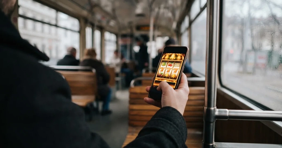 Smartphone in der Hand in einer Wiener Straßenbahn, ohne sichtbares Logo — beste online casino echtgeld app