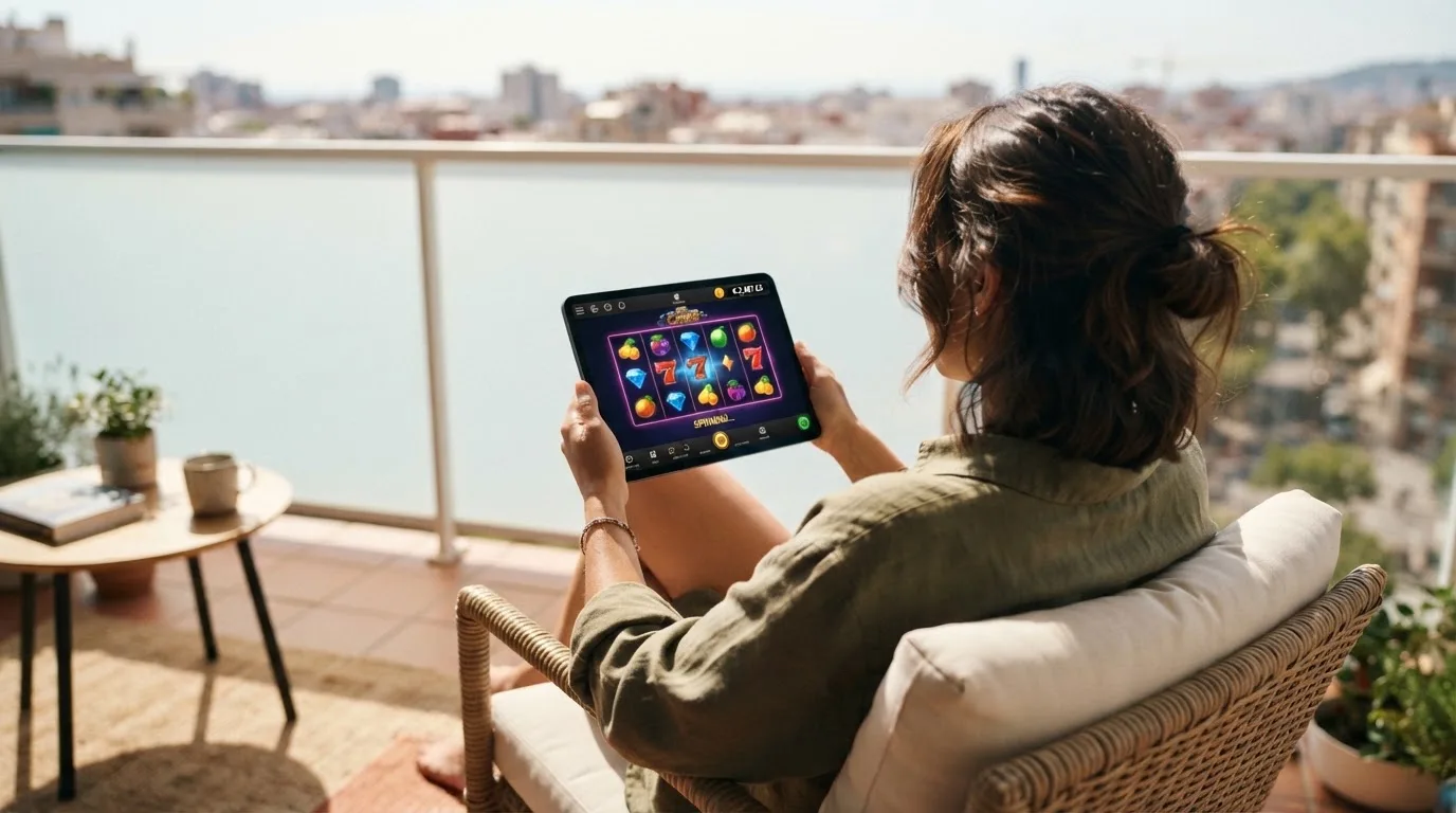 Person sitzt entspannt mit einem Tablet auf dem Balkon eines modernen Apartments.