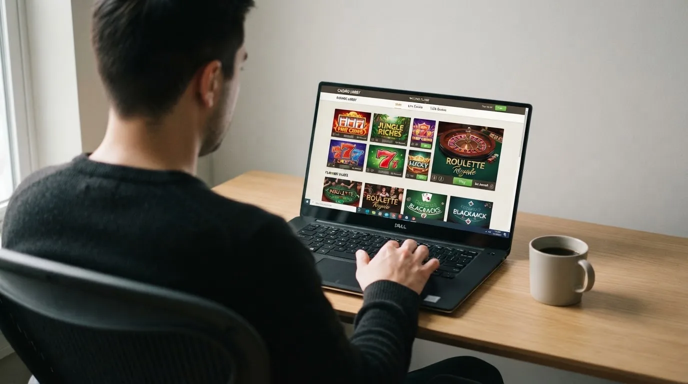 Person am Laptop liest eine Übersichtsseite zu Glücksspielen im Internet — beste online casino mit banküberweisung bezahlen