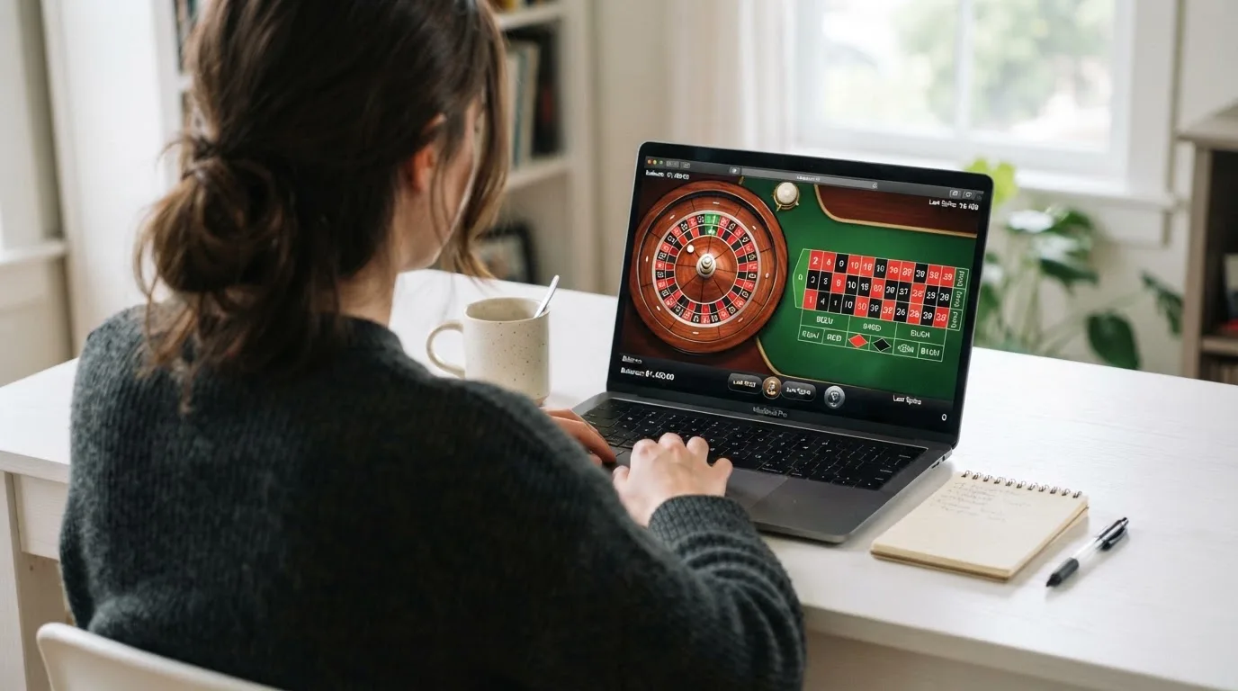 Person am Laptop liest eine Übersichtsseite zu Glücksspielen im Internet — beste online casino mit cashtocode bezahlen