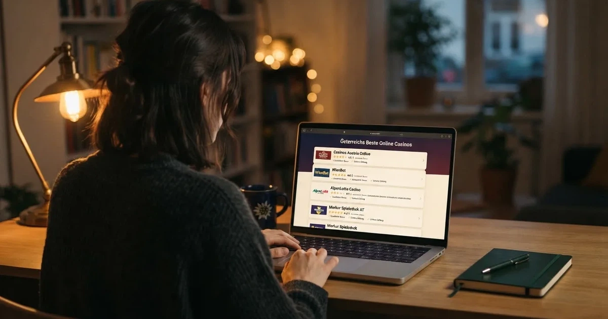 Person am Laptop liest eine Übersichtsseite zu Glücksspielen im Internet — beste online casino österreich