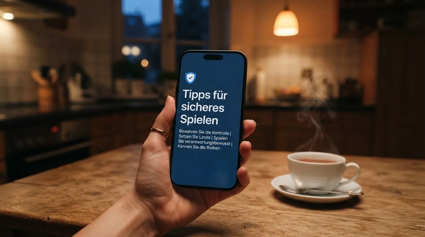 Hand hält ein Smartphone, daneben eine Tasse Tee, ruhige Abendstimmung am Küchentisch — beste online casino österreich