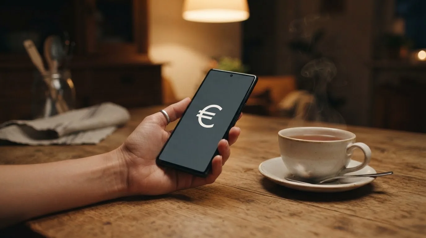 Hand hält ein Smartphone, daneben eine Tasse Tee, ruhige Abendstimmung am Küchentisch — beste online casinos echtgeld