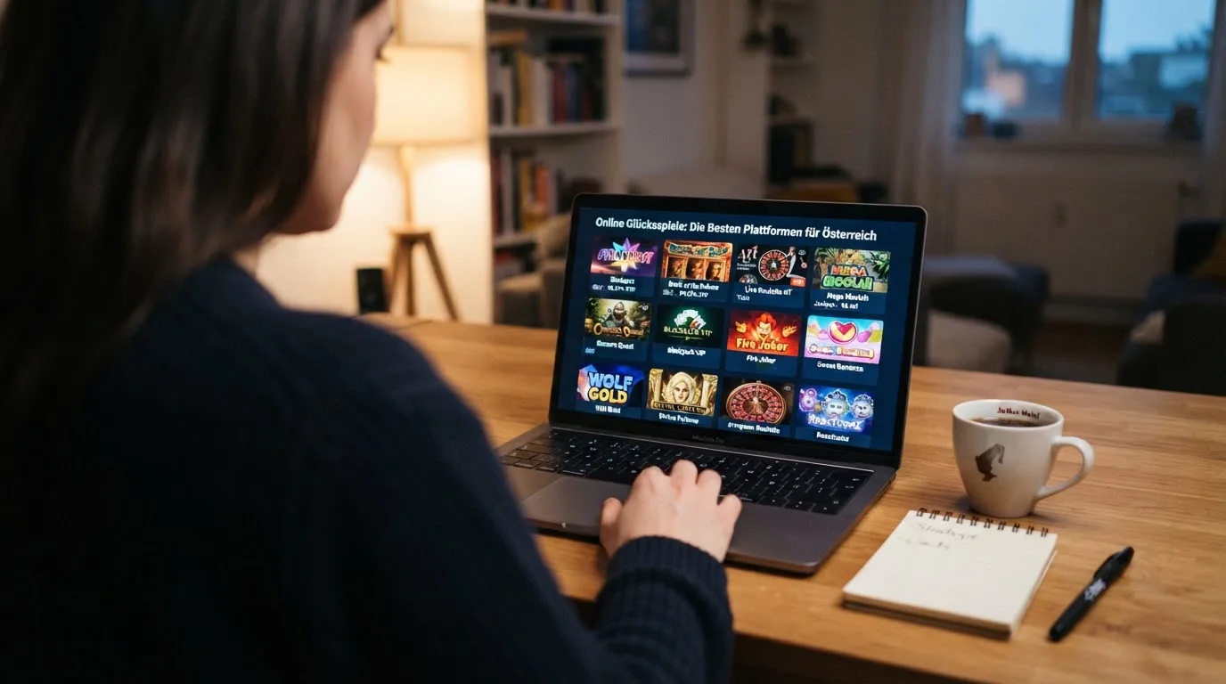 Person am Laptop liest eine Übersichtsseite zu Glücksspielen im Internet — beste online casinos mit österreichischer lizenz