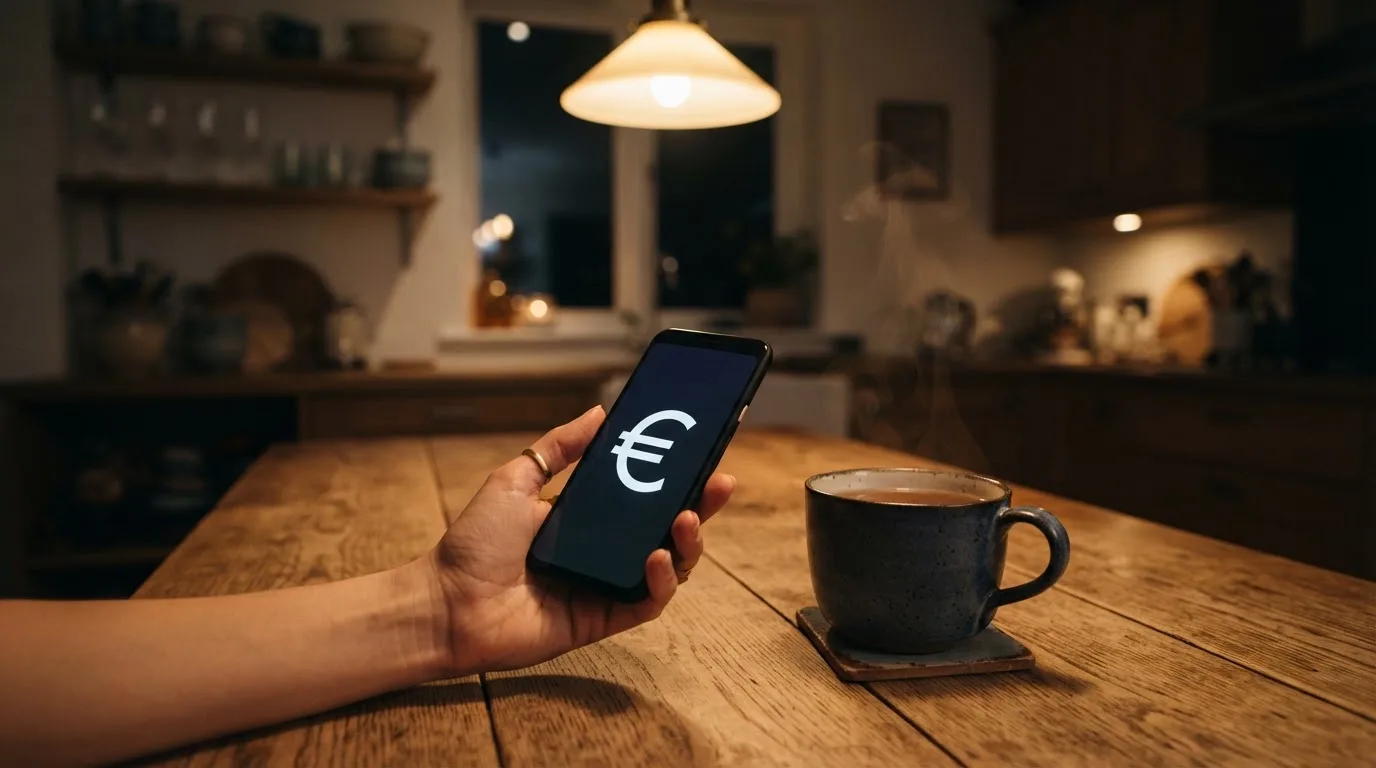 Hand hält ein Smartphone, daneben eine Tasse Tee, ruhige Abendstimmung am Küchentisch — beste online casinos mit österreichischer lizenz