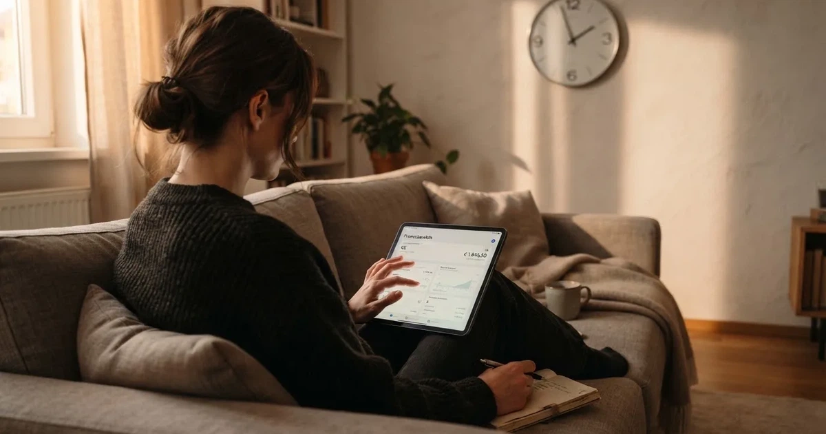 Person am Sofa schaut nachdenklich auf ein Tablet, im Hintergrund eine Uhr — beste online casinos österreich mit no deposit bonus