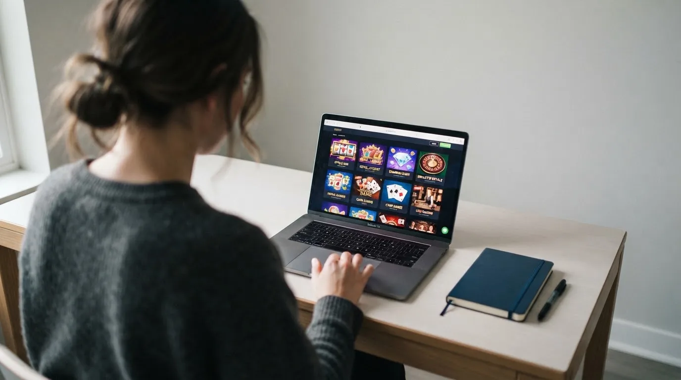 Person am Laptop liest eine Übersichtsseite zu Glücksspielen im Internet — beste online casinos ohne limit