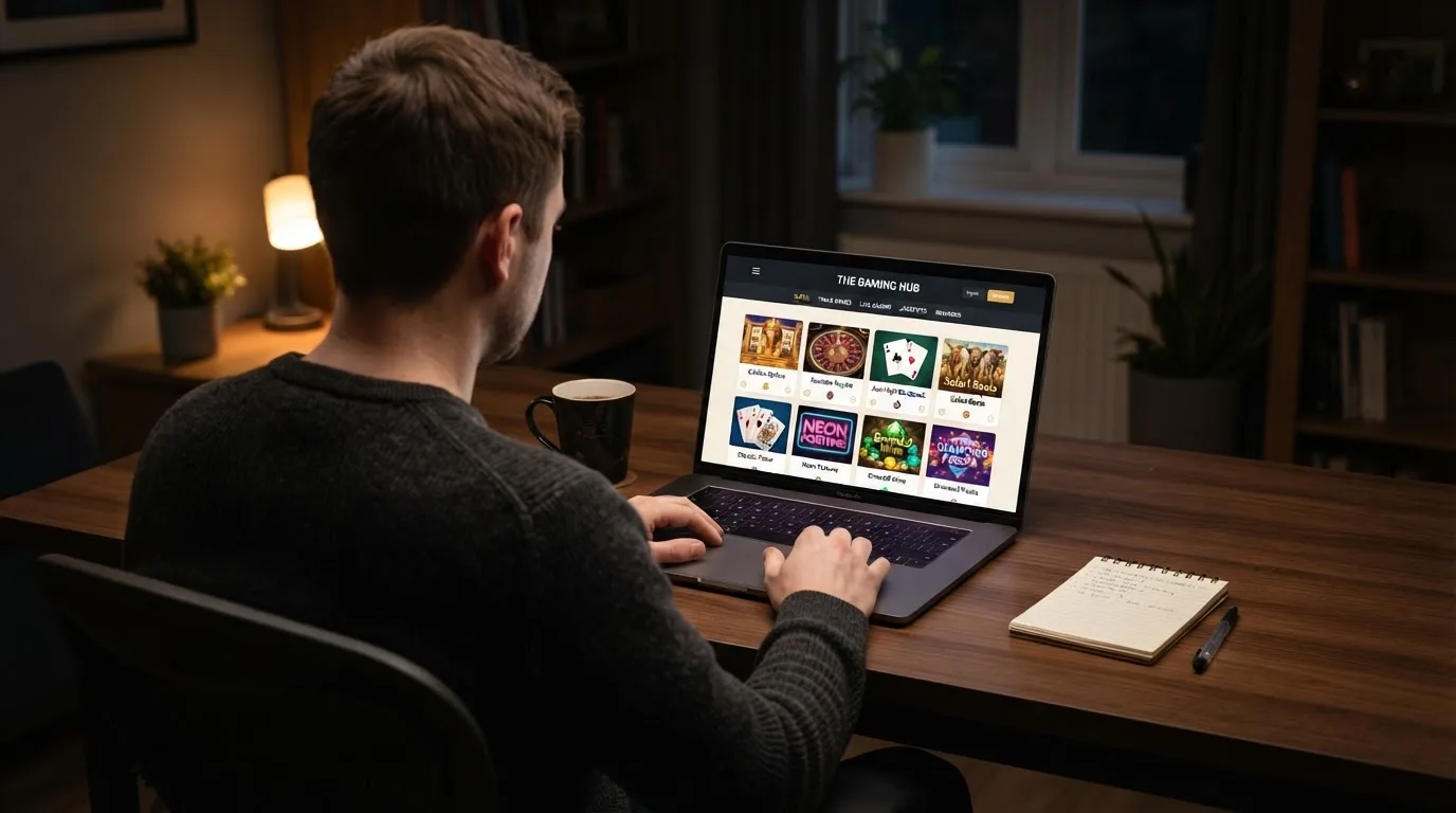 Person am Laptop liest eine Übersichtsseite zu Glücksspielen im Internet — beste online spielothek casinos