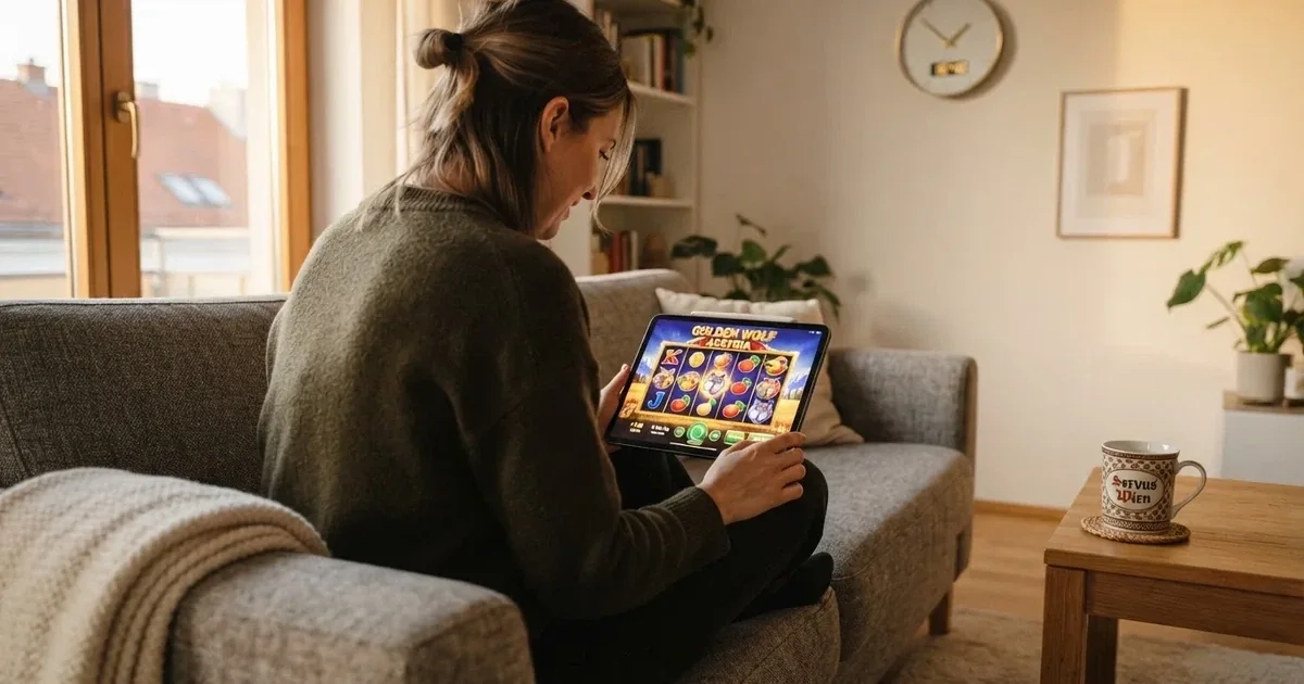 Person am Sofa schaut nachdenklich auf ein Tablet, im Hintergrund eine Uhr — bester willkommensbonus online casino