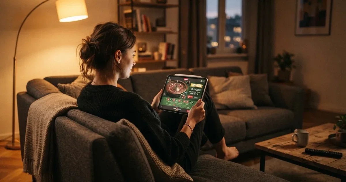 Person sitzt entspannt auf einem Sofa und blickt konzentriert auf ein Tablet in gedämpftem Wohnzimmerlicht am Abend.