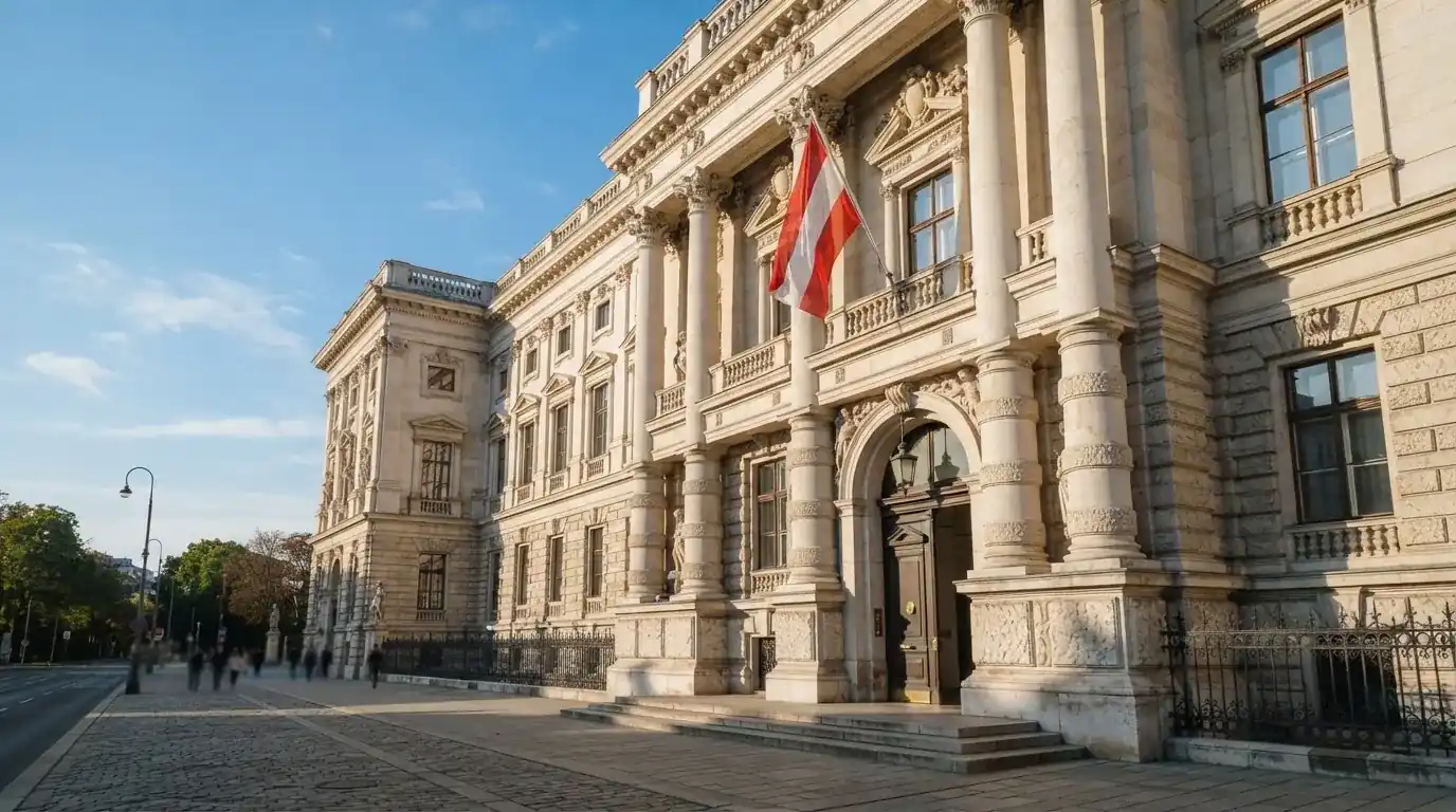 Fassade eines klassizistischen Wiener Amtsgebäudes mit österreichischer Flagge an einem klaren Nachmittag.