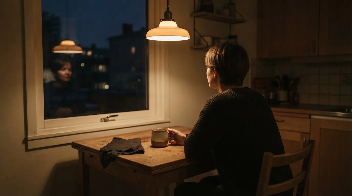 Person sitzt allein an einem Küchentisch mit einer Tasse Tee und blickt nachdenklich aus dem Fenster am Abend.