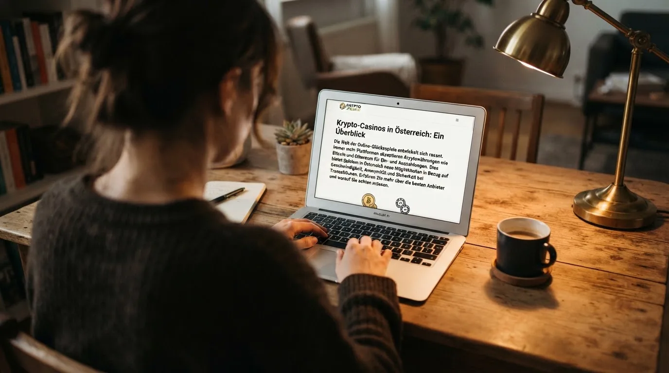 Person am Laptop liest eine Übersichtsseite zu Glücksspielen im Internet — binance coin casino vergleich