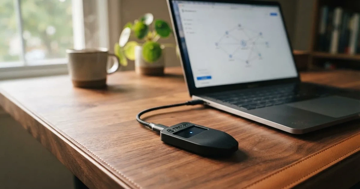 Hardware-Wallet und Laptop auf einem Schreibtisch mit stilisiertem digitalem Schloss — binance coin casino vergleich