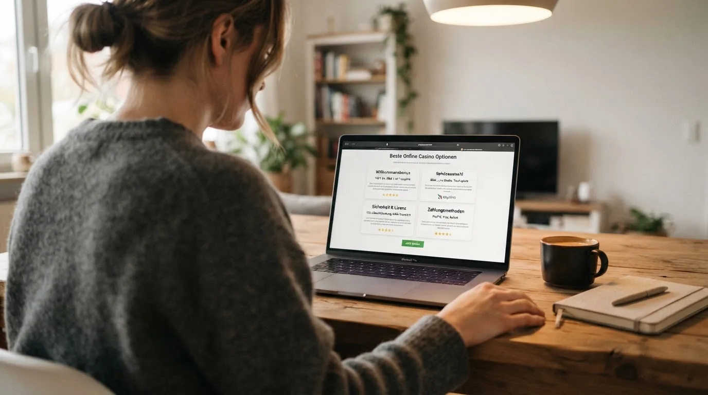 Person am Laptop liest eine Übersichtsseite zu Glücksspielen im Internet — bitcoin cash casino vergleich