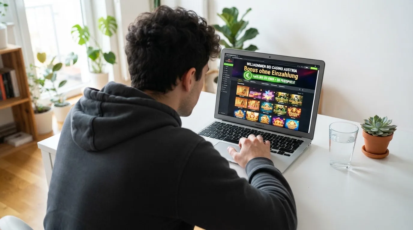 Person am Laptop liest eine Übersichtsseite zu Glücksspielen im Internet — casino bonus ohne einzahlung