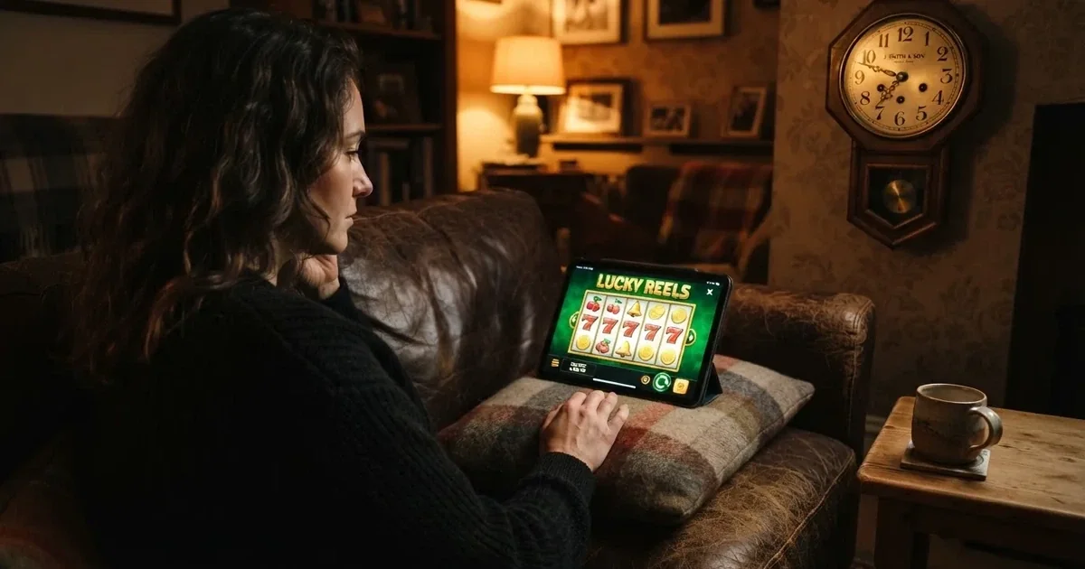 Person am Sofa schaut nachdenklich auf ein Tablet, im Hintergrund eine Uhr — casino bonus ohne einzahlung