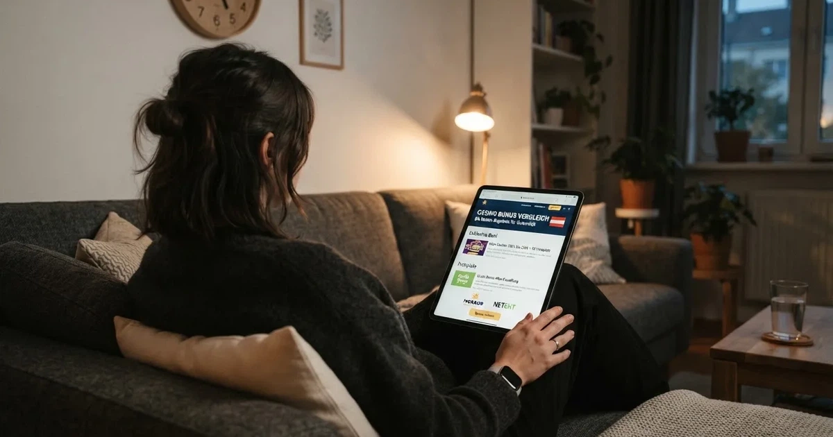 Person am Sofa schaut nachdenklich auf ein Tablet, im Hintergrund eine Uhr — casino guthaben ohne einzahlung