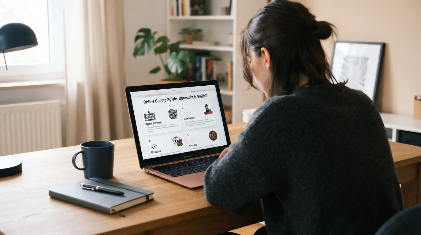 Person am Laptop liest eine Übersichtsseite zu Glücksspielen im Internet — casino mit hoher gewinnchance